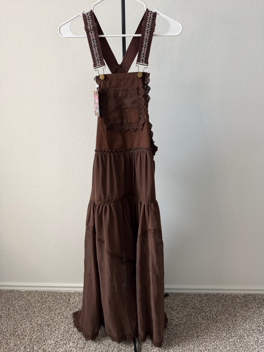 Brown Bohemian Maxi Pinafore Dress with Crochet Trim